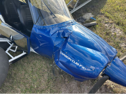 Photograph 3 – Front of aircraft and firewall damage, from the NTSB investigation of C K Ing Adventure LLC CCX-2000 accident near Okeechobee, Florida, February 23, 2025