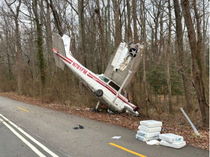 Photo 1 – View of Airplane as Found (FMFA), from the NTSB investigation of Cessna 172 accident near Mayo, Maryland, February 22, 2025
