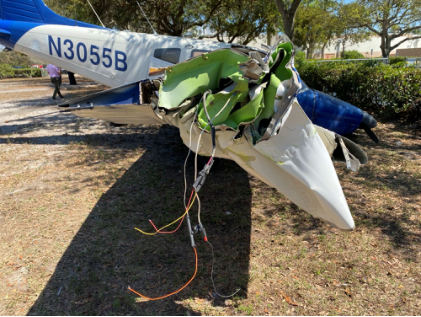 Photograph 2 – Close up view of damaged right wing., from the NTSB investigation of Piper PA-28-181 accident near Hollywood, Florida, March 12, 2025
