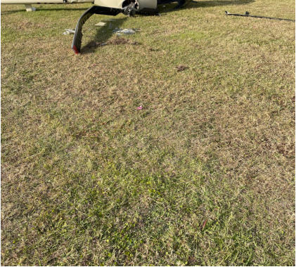 Photograph 1 – Deformation noted to main rotor blades, from the NTSB investigation of Amateur-built EXEC accident near Chuluota, Florida, March 28, 2025