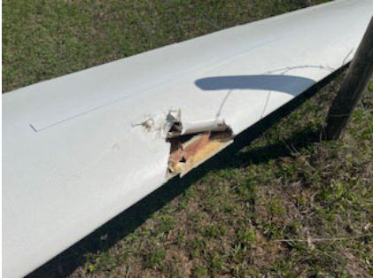 Photograph 4 – Damage to left wing, from the NTSB investigation of Schleicher ASW-19 accident near Zephyrhills, Florida, April 2, 2025