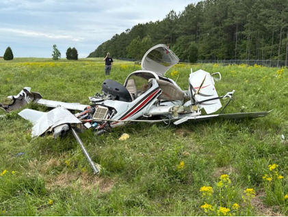 Photograph 2 – Main wreckage, from the NTSB investigation of Diamond Aircraft Ind INC DA 40 NG accident near Sanford, North Carolina, May 7, 2025