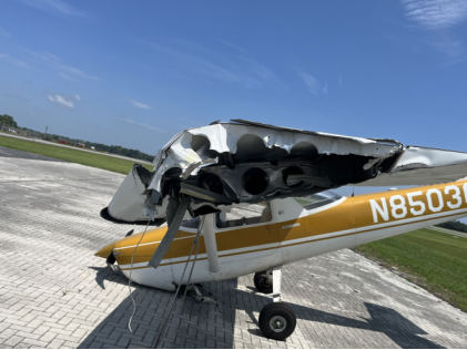 Photograph 1 –Main wreckage, left wing view, from the NTSB investigation of Cessna 150 accident near St. Augustine, Florida, July 11, 2025