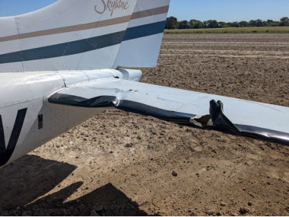 Photograph 1 – Left horizontal stabilizer accident damage, from the NTSB investigation of Cessna 182 accident near Lebanon, Ohio, August 31, 2025