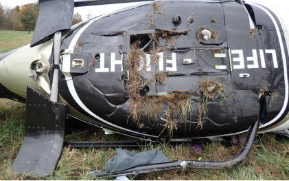 Photograph 6 – Damage to Underside of Helicopter, from the NTSB investigation of Airbus Helicopters EC 130 T2 accident near Lebanon, Tennessee, November 8, 2025