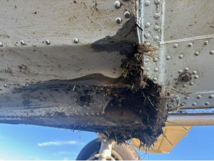 Photograph 5 – Center hull keel damage, from the NTSB investigation of Consolidated Vultee 28-5ACF accident near Dayton, Tennessee, October 31, 2025
