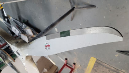 Photograph 3 – Photo of prop blade after accident with missing nickel leading edge, from the NTSB investigation of Amateur-built COZY MK IV accident near Mcrae-Helena, Georgia, October 28, 2025