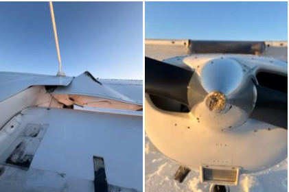 Compressed right wing root. Right flap broke right rear window. Spinner shows evidence of contact with pavement during cartwheel with engine running, from the NTSB investigation of Cessna 172 accident near New Castle, Delaware, January 29, 2026