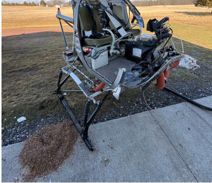 Photograph 2 – View of the helicopter after being upright and main rotor blades removed, from the NTSB investigation of Hughes 269A accident near Gettysburg, Pennsylvania, February 21, 2026