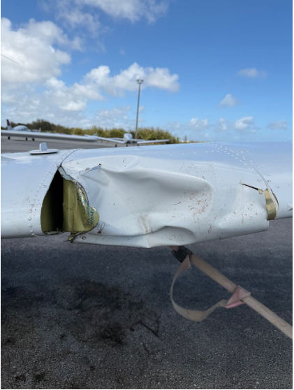 Photograph 2 – Bird strike damage to left leading edge., from the NTSB investigation of Piper PA-28-181 accident near Chuluota, Florida, March 6, 2026