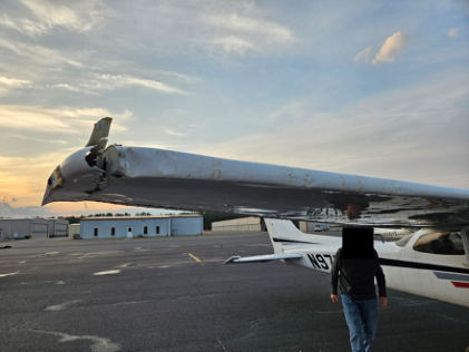 Photograph 1 – Damage to the right wing, from the NTSB investigation of Cessna 172 accident near Carthage, North Carolina, March 1, 2026
