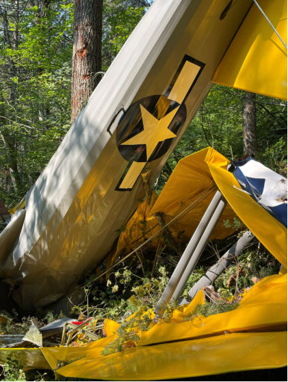 Photograph 2 – Main wreckage at accident site., from the NTSB investigation of Boeing A75L3 accident near Yacolt, Washington, September 6, 2024