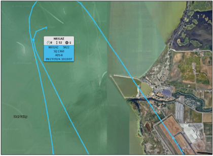 AIRPORT TRACKING SYSTEM IMAGES Photograph 3 – Airport Tracking System, accident airplane turning on base leg., from the NTSB investigation of Cirrus Design CORP SR22 accident near Provo, Utah, September 27, 2024