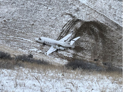 Photo 1 – View of accident airplane from above, from the NTSB investigation of Learjet INC 55 accident near Livingston, Montana, January 11, 2024