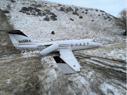 Photo 2 – Right side view of accident airplane, from the NTSB investigation of Learjet INC 55 accident near Livingston, Montana, January 11, 2024