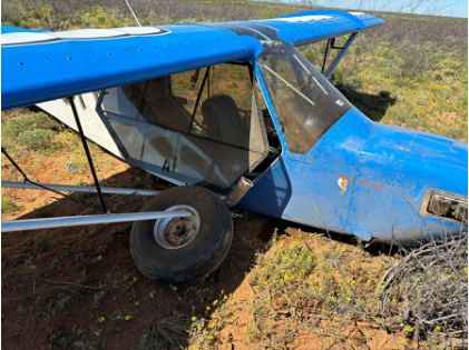Photograph 1 – Airplane Final Position and Damage, from the NTSB investigation of Amateur-built RANS S-7S COURIER accident near Benson, Arizona, April 22, 2024