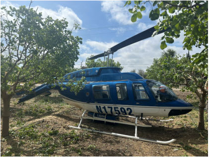 Photo 1 – N17592 at accident site prior to recovery, from the NTSB investigation of Bell 206L-3 accident near Tracy, California, April 23, 2024