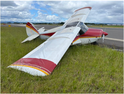 Photo 1 – View of accident airplane from right wing; note damage outboard, from the NTSB investigation of Piper PA-22-150 accident near Hillsboro, Oregon, May 29, 2024