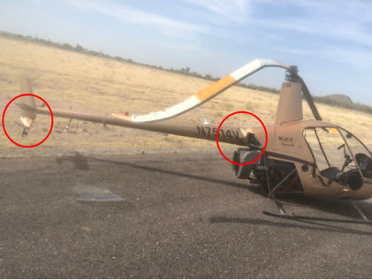 Photograph 2 – View of damage to tail boom and vertical stabilizer, from the NTSB investigation of Robinson Helicopter R22 BETA accident near Maricopa, Arizona, June 6, 2024