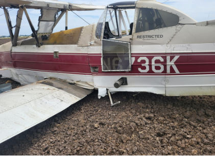 Photograph 1 – Left-side view at accident site, from the NTSB investigation of Grumman/Schweizer G-164D accident near Richvale, California, June 8, 2024