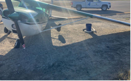 Photograph 1 – View of airplane resting on its left wing, left horizontal stabilizer, and left elevator, from the NTSB investigation of Cessna 172L accident near Oxnard, California, June 29, 2024