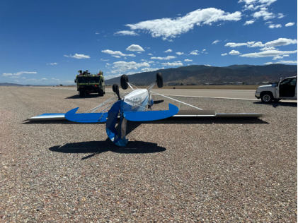 Photo 1 – View of damage to vertical stabilizer, rudder, and right wing lift strut. (Courtesy airport ops), from the NTSB investigation of Aviat Aircraft INC A-1C-200 accident near Cedar City, Utah, June 28, 2024