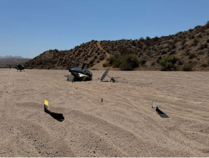 Photograph 1 – Photo of all helicopter debris at the site, from the NTSB investigation of Mcdonnell Douglas Helicopter 369 accident near Mesa, Arizona, July 9, 2024