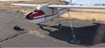 Photograph 2 – Front / left view of accident airplane during exam, from the NTSB investigation of Cessna 150M accident near Ritzville, Washington, July 15, 2024