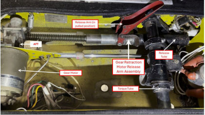 Photograph 4 – View of manual release assembly, gear motor, and torque tube, from the NTSB investigation of Piper PA-30 accident near Concord, California, August 9, 2024