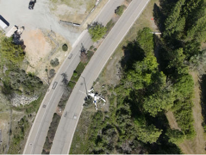 Photograph 2 – Aerial image of accident airplane, from the NTSB investigation of Cessna 177RG accident near Grass Valley, California, May 1, 2025