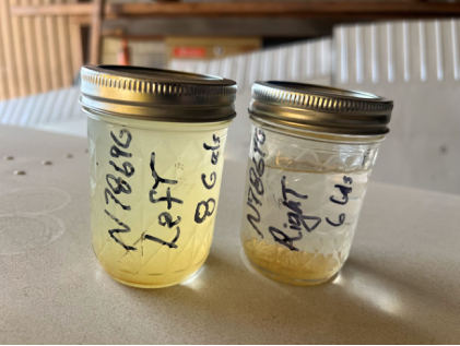 Photograph 3 – Left- and right-wing fuel samples showing contamination, from the NTSB investigation of Cessna 172L accident near El Monte, California, October 7, 2024