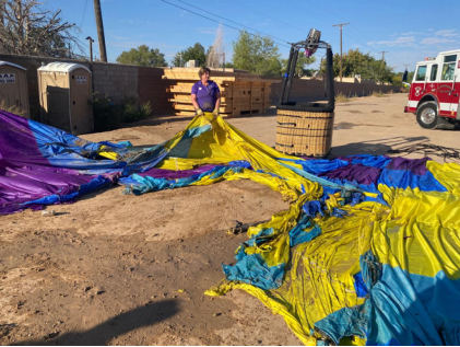 Photograph 1 – Accident site, envelope damage., from the NTSB investigation of Lindstrand 80E accident near Albuquerque, New Mexico, October 12, 2024