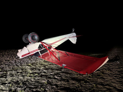 Photograph 1 – View of substantial damage to the rudder, from the NTSB investigation of Piper PA-12 accident near Aberdeen, Idaho, October 25, 2024