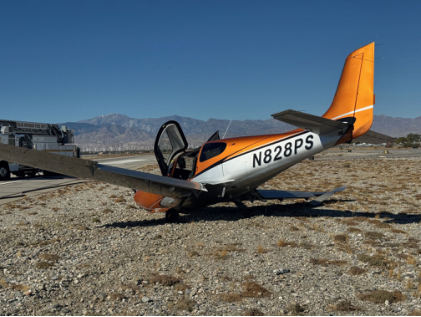 Photograph 1 – N828PS at accident site., from the NTSB investigation of Cirrus Design CORP SR22T accident near Palm Springs, California, November 17, 2024