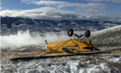 Photograph 1 – View of wing and strut damage, from the NTSB investigation of Piper PA-18-150 accident near Red Rock, Montana, January 6, 2025