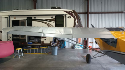 Photograph 1 – Airplane’s left wing damage as viewed from the rear., from the NTSB investigation of Amateur-built CCK-1865 accident near Vacaville, California, January 24, 2025