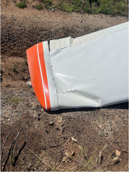 Photograph 3 – Right wing and aileron damage., from the NTSB investigation of Cessna 150 accident near Placerville, California, April 19, 2025