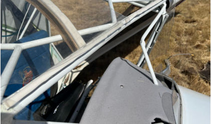 Photograph 2 – View of damage to forward fuselage., from the NTSB investigation of Amateur-built HARTLINE KITFOX III accident near Logan, Utah, July 22, 2025