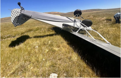 Photograph 1 – View of damage to the left wing lift strut and rudder, from the NTSB investigation of Amateur-built CCK-1865 accident near Wahsatch, Utah, July 11, 2025