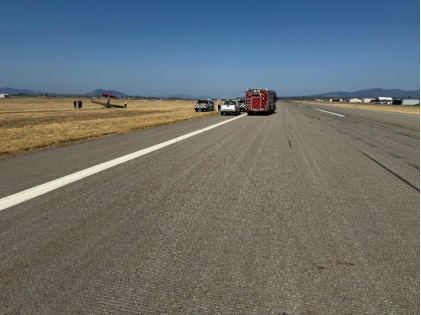 Figure 3: Airplane tire marks, edge of runway, and final location, from the NTSB investigation of Amateur-built Harmon Rocket accident near Hayden, Idaho, September 17, 2025