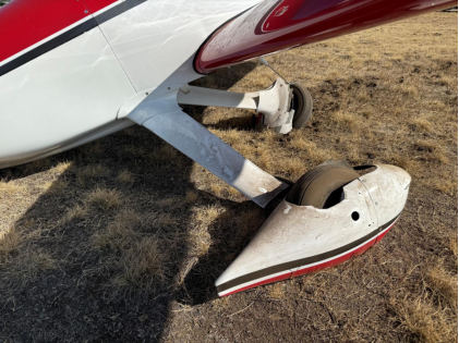 Figure 5: Airplane landing gear damage (left side), from the NTSB investigation of Amateur-built Harmon Rocket accident near Hayden, Idaho, September 17, 2025