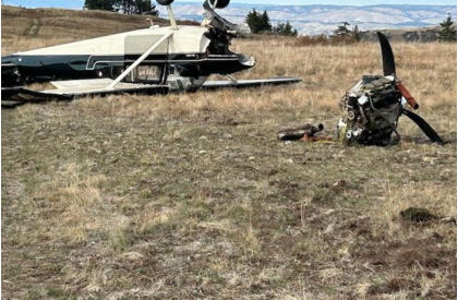 Photograph 1 – Aircraft Final Position and Damage (via pilot), from the NTSB investigation of Cessna 180 accident near Imnaha, Oregon, October 9, 2025