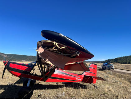 Photograph 1 – Side view of left-wing damage, from the NTSB investigation of Amateur-built KITFOX S7 SUPERSPORT accident near Kilgore, Idaho, October 18, 2025