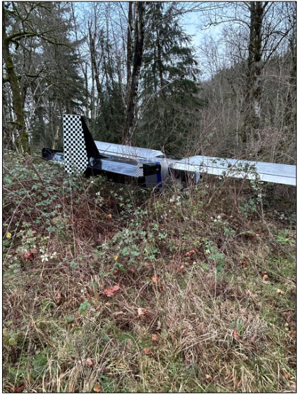 Photograph 1 – Accident site, main wreckage., from the NTSB investigation of Amateur-built 750 accident near Yacolt, Washington, December 23, 2025