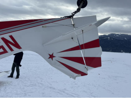 Photograph 3 – View of vertical stabilizer and rudder damage, from the NTSB investigation of American Champion Aircraft 8KCAB accident near Alpine, Wyoming, January 29, 2026