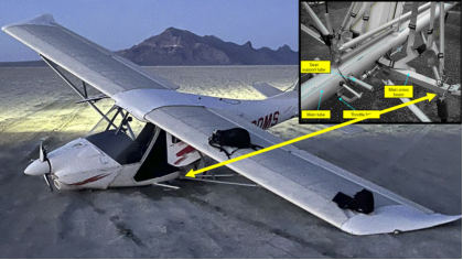 Photograph 1 – View of damage to the left main landing gear attachment points, from the NTSB investigation of Aerosport LTD IKARUS C42E accident near Wendover, Utah, February 16, 2026