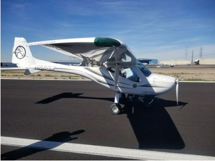 Photograph 1 – View of airplanes right side on runway, from the NTSB investigation of Remos Acft GMBH Flugzeugbau REMOS GX accident near Glendale, Arizona, February 26, 2026