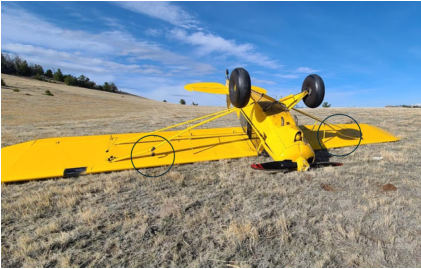 Photograph 1 – View of bent struts., from the NTSB investigation of Amateur-built L-21 accident near Cody, Wyoming, April 10, 2026