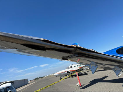 Photograph 2 – View of right wing damage, from the NTSB investigation of Cirrus Design CORP SR22T accident near Fullerton, California, April 13, 2026