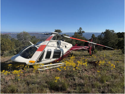 Photograph 1 – View from the left from of the helicopter showing the tail rotor and tree, from the NTSB investigation of Bell 407 accident near Young, Arizona, April 29, 2026